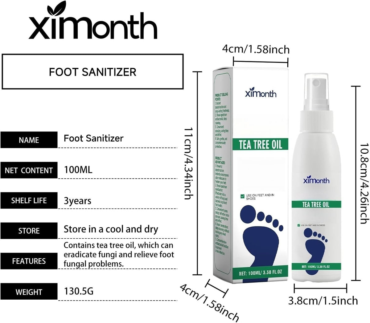 Ximonth Tea Tree Oil Foot Sanitizer Spray, 100 ml