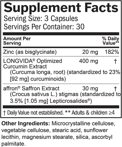BrainMD Dr Amen Happy Saffron Plus - 90 Capsules - with Saffron Flower Extract, Curcumin & Zinc - Vegan, Gluten Free - 30 Servings