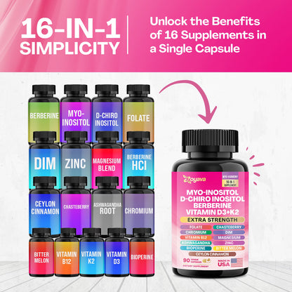 Zoyava Myo Inositol Women's Supplement 750mg, Berberine 500mg, D-Chiro Inositol 50mg, Folate 400mcg, Chromium 100mcg, Ceylon Cinnamon 200mg, Ashwagandha 100mg, DIM 75mg, 90 Capsules