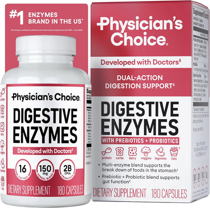 Physician's CHOICE Digestive Enzymes for Bloating & Digestion - Fast-Acting 16 Enzyme Formula with Organic Prebiotics & Probiotics for Gut & Digestive Health - Meal Time Discomfort Relief - 90 CT
