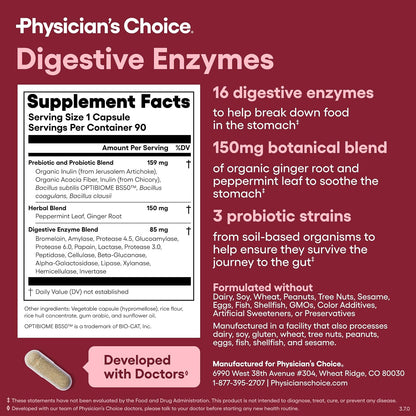 Physician's CHOICE Digestive Enzymes for Bloating & Digestion - Fast-Acting 16 Enzyme Formula with Organic Prebiotics & Probiotics for Gut & Digestive Health - Meal Time Discomfort Relief - 90 CT