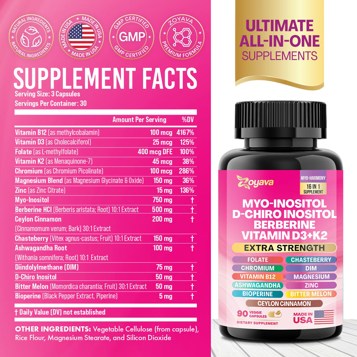 Zoyava Myo Inositol Women's Supplement 750mg, Berberine 500mg, D-Chiro Inositol 50mg, Folate 400mcg, Chromium 100mcg, Ceylon Cinnamon 200mg, Ashwagandha 100mg, DIM 75mg, 90 Capsules