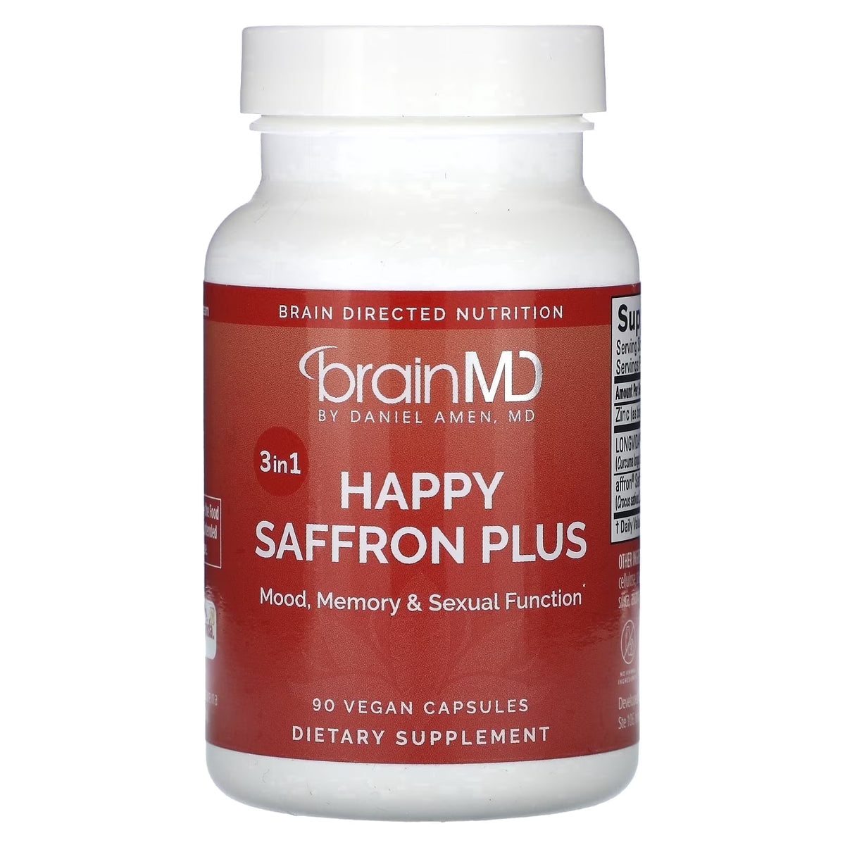 BrainMD Dr Amen Happy Saffron Plus - 90 Capsules - with Saffron Flower Extract, Curcumin & Zinc - Vegan, Gluten Free - 30 Servings