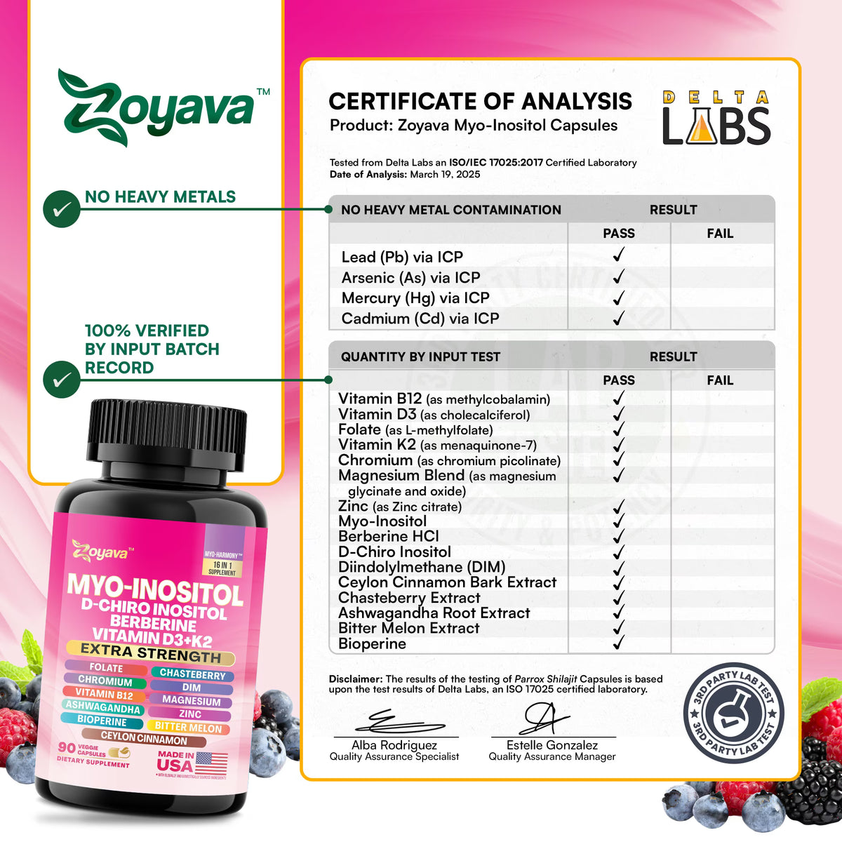 Zoyava Myo Inositol Women's Supplement 750mg, Berberine 500mg, D-Chiro Inositol 50mg, Folate 400mcg, Chromium 100mcg, Ceylon Cinnamon 200mg, Ashwagandha 100mg, DIM 75mg, 90 Capsules