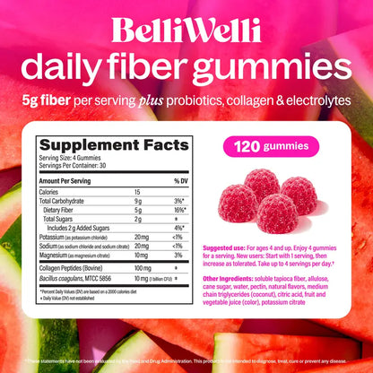 BelliWelli Daily Fiber Watermelon Gummies 120ct - 5g Fiber per Serving with Probiotics & Collagen for Digestion Regularity & Constipation Support Digestive Wellness