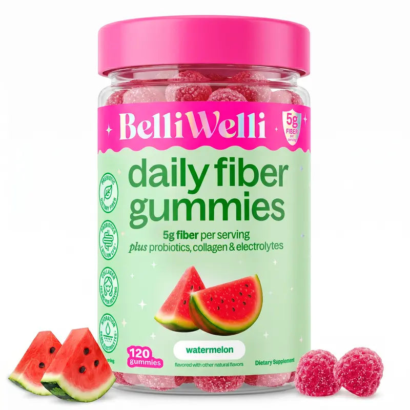 BelliWelli Daily Fiber Watermelon Gummies 120ct - 5g Fiber per Serving with Probiotics & Collagen for Digestion Regularity & Constipation Support Digestive Wellness