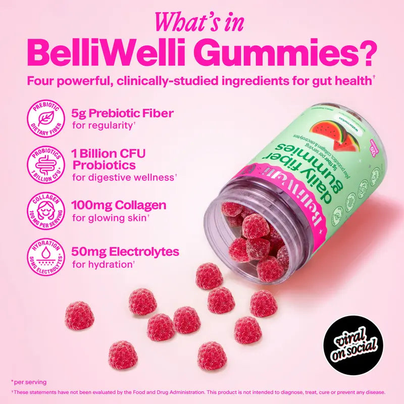 BelliWelli Daily Fiber Watermelon Gummies 120ct - 5g Fiber per Serving with Probiotics & Collagen for Digestion Regularity & Constipation Support Digestive Wellness