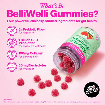 BelliWelli Daily Fiber Watermelon Gummies 120ct - 5g Fiber per Serving with Probiotics & Collagen for Digestion Regularity & Constipation Support Digestive Wellness